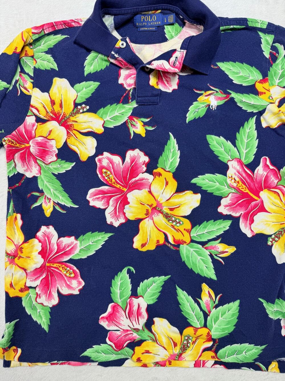 Polo Ralph Lauren Hawaiian Floral Polo Shirt Custom Slim Fit Hibiscus Navy L